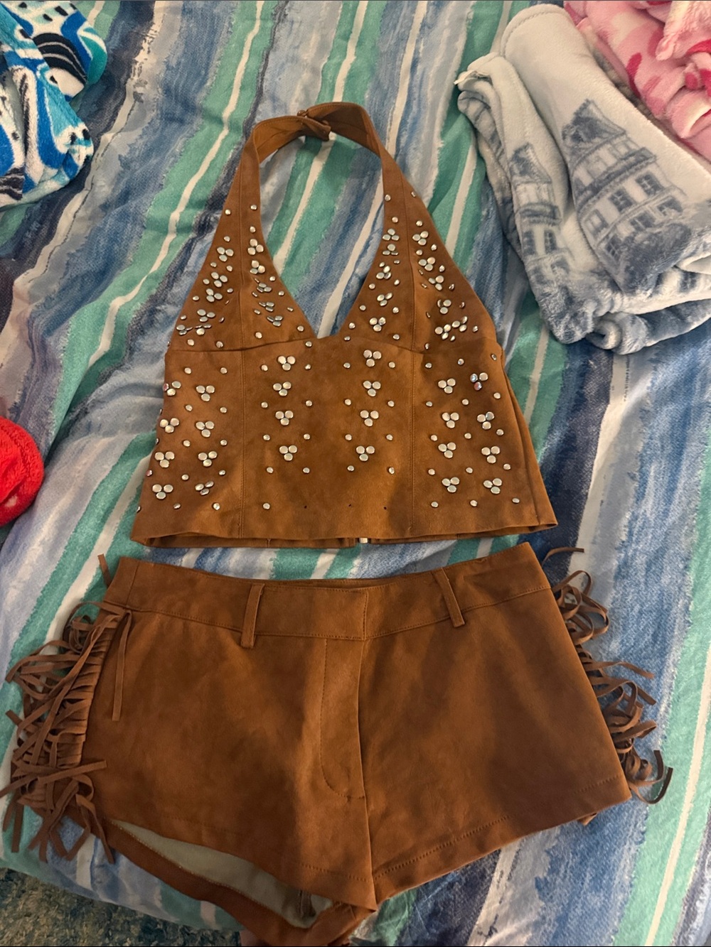 Edikted Faux leather suede halter top and shorts
